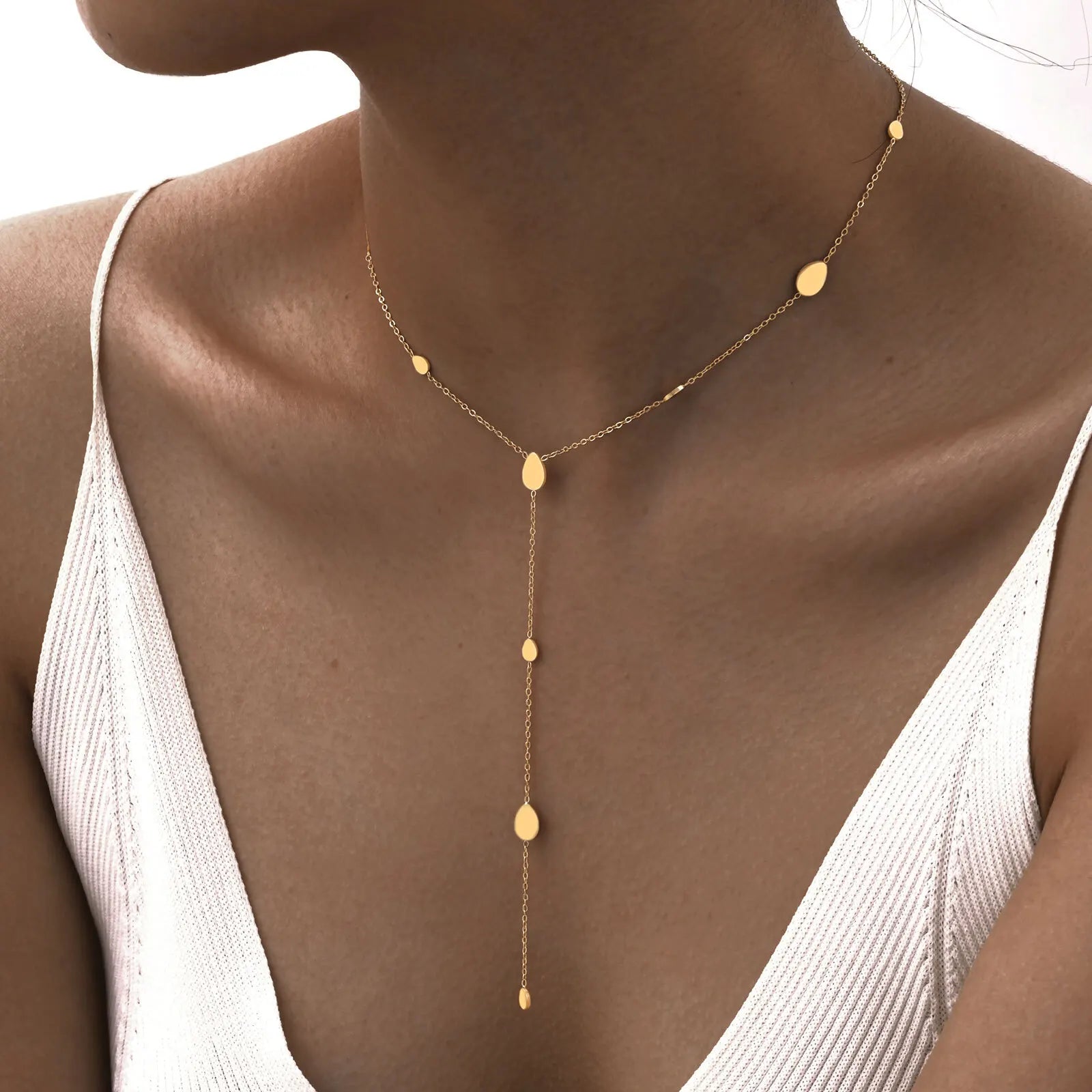 18k Gold Plated Y Lariat Necklace for Women, Laryerd Multilayer Long Chain Drop Necklace, Stainless Steel Aesthetics Jewelry