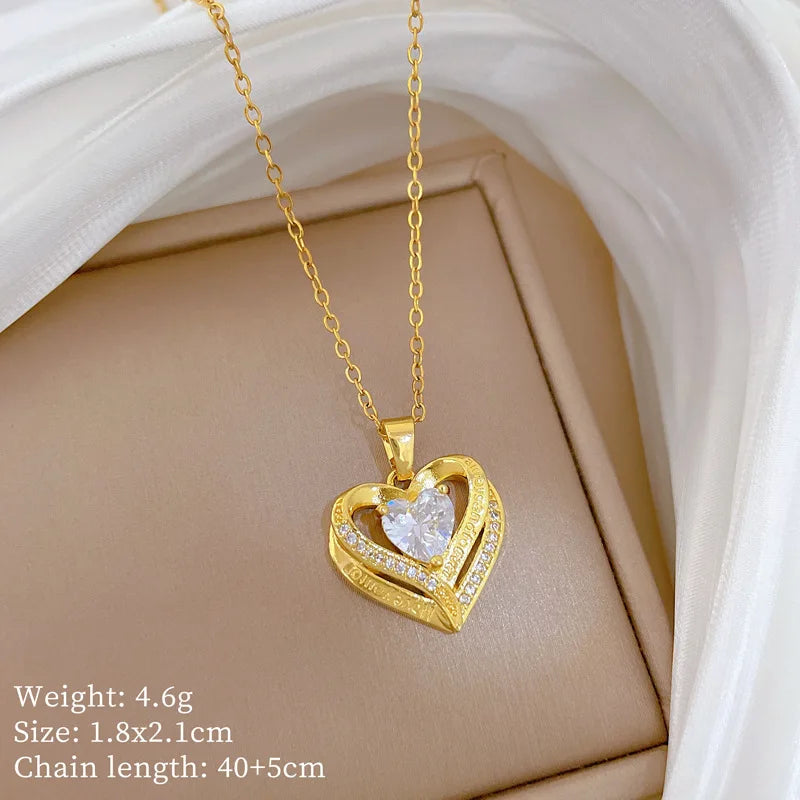 Trendy Heart Stainless Steel Zirconia Necklaces For Women Girls Love Gold Color Metal Necklace Party Birthday Daily Jewelry