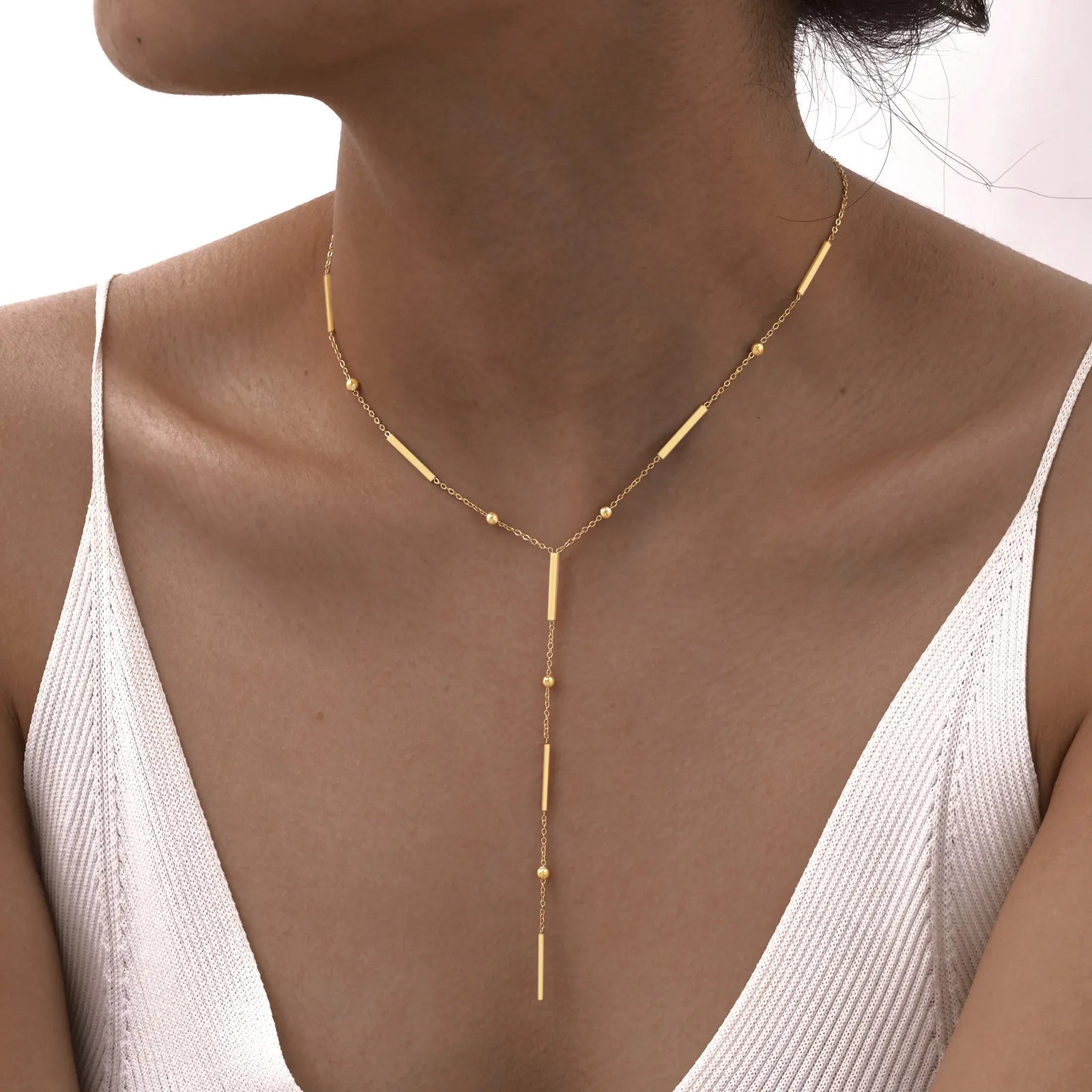 18k Gold Plated Y Lariat Necklace for Women, Laryerd Multilayer Long Chain Drop Necklace, Stainless Steel Aesthetics Jewelry