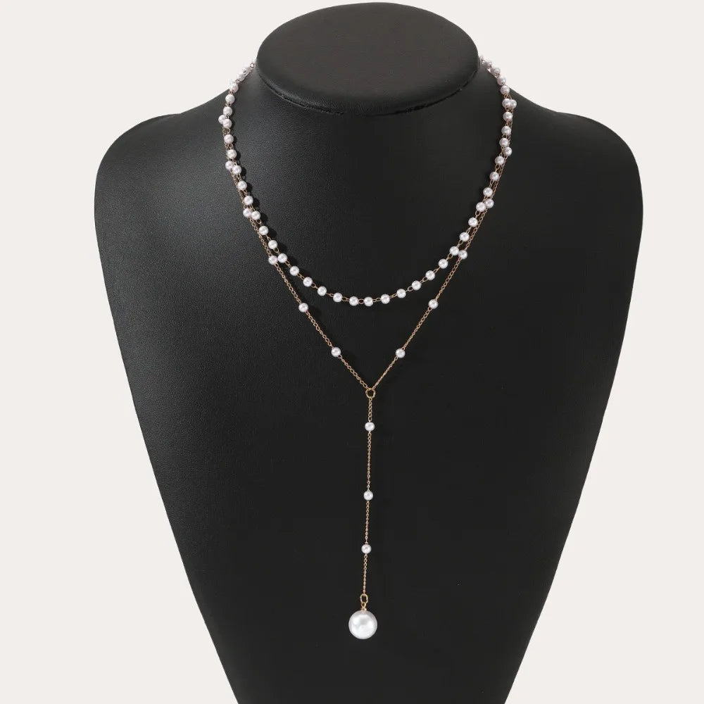 Charm Trendy Double-deck Imitation Pearl Beaded Long Pendant Necklaces for Women Temperament Summer Beach Jewelry Accessories