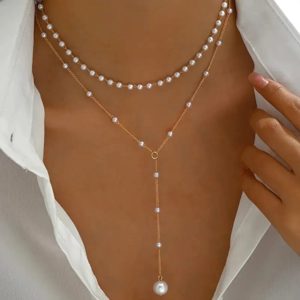 Charm Trendy Double-deck Imitation Pearl Beaded Long Pendant Necklaces for Women Temperament Summer Beach Jewelry Accessories