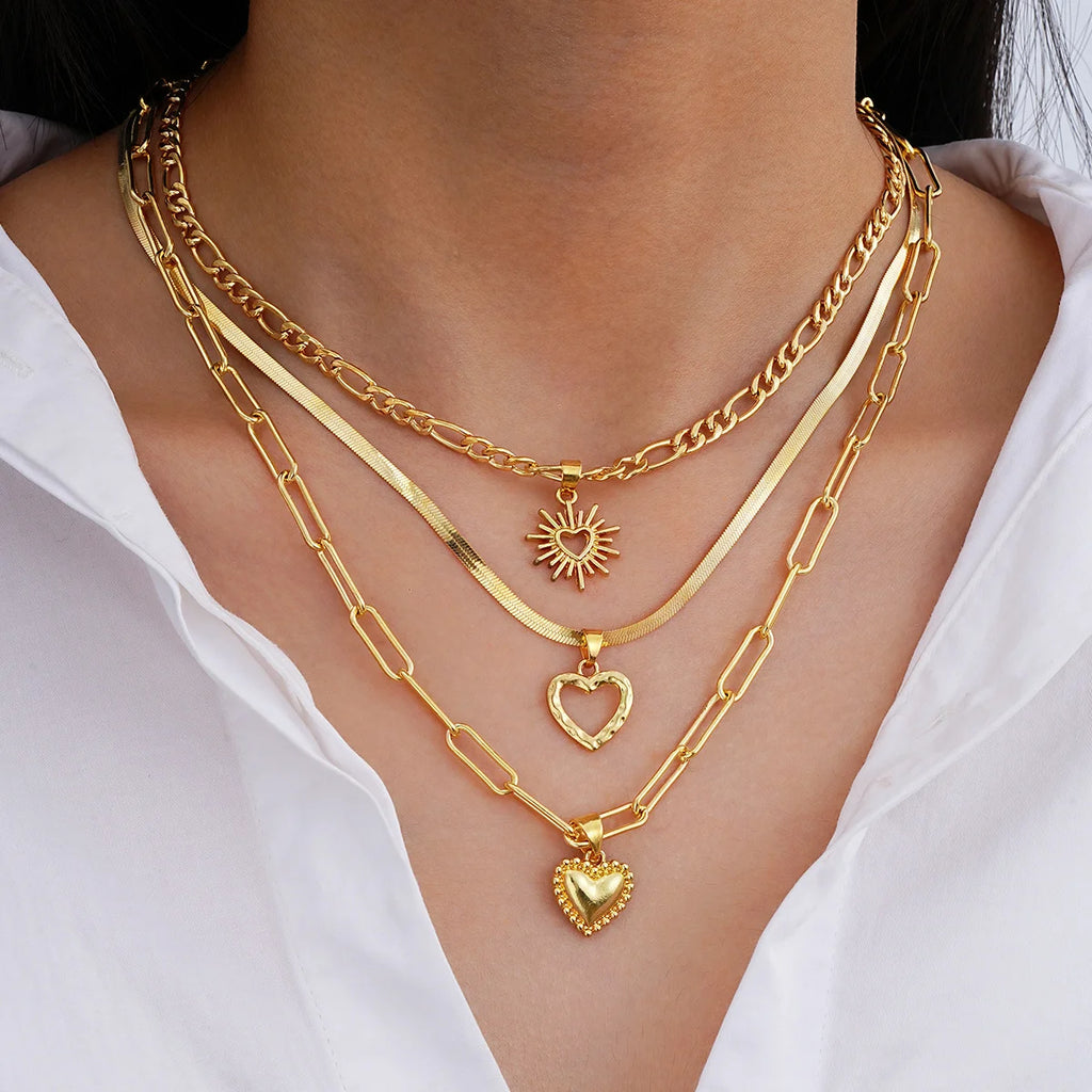 3Pcs/Set Boho Heart Pendant Necklace for Women European And American Copper Metal Gold Color Hollow Love Necklace Punk Jewelry