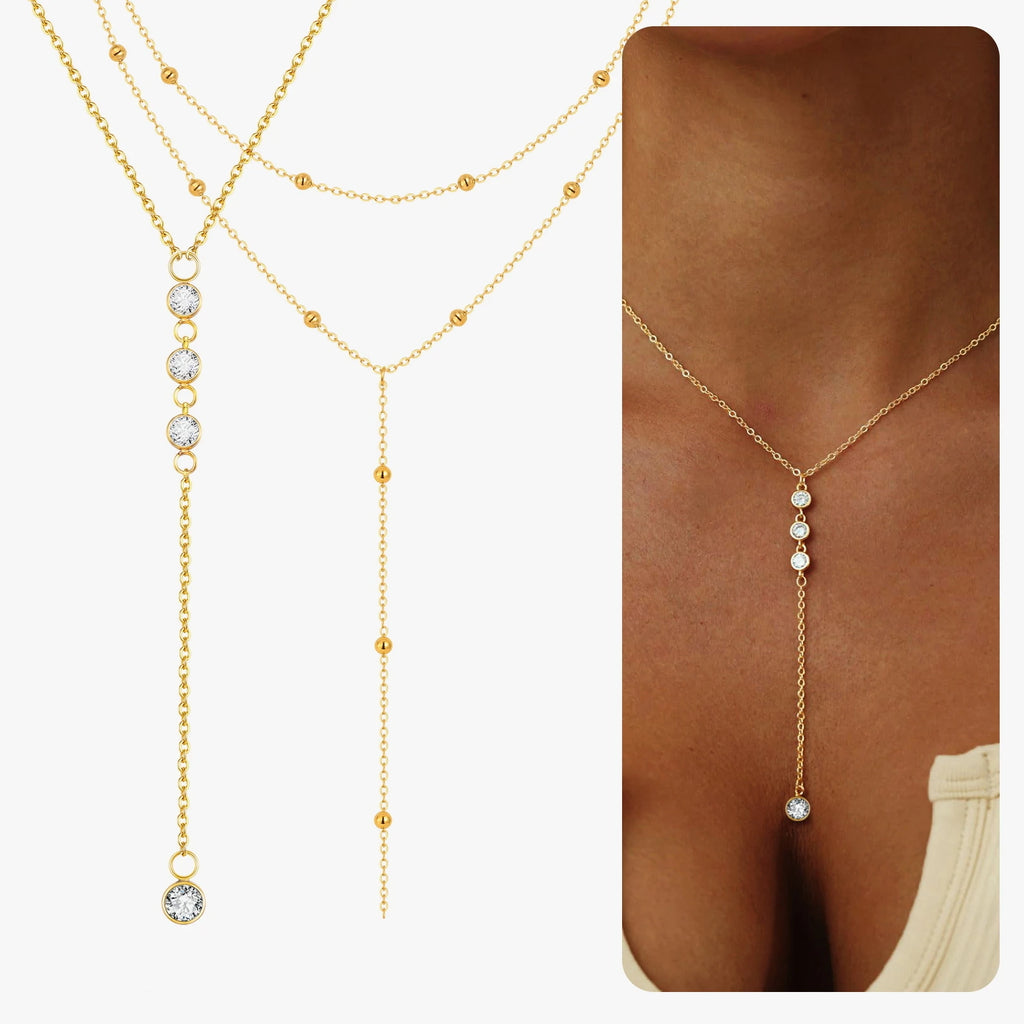 18k Gold Plated Y Lariat Necklace for Women, Laryerd Multilayer Long Chain Drop Necklace, Stainless Steel Aesthetics Jewelry