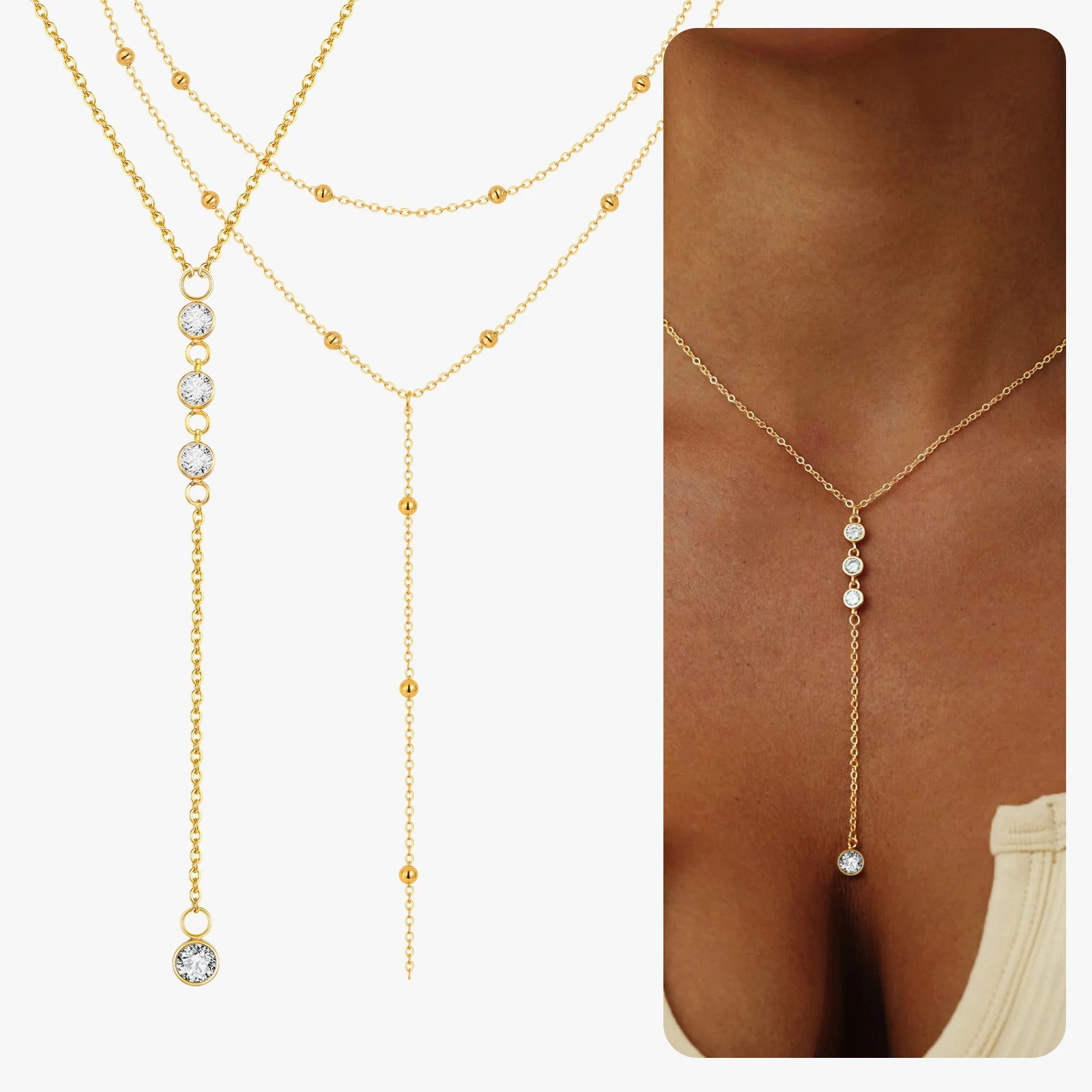 18k Gold Plated Y Lariat Necklace for Women, Laryerd Multilayer Long Chain Drop Necklace, Stainless Steel Aesthetics Jewelry