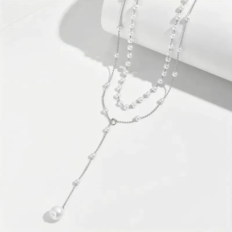 Charm Trendy Double-deck Imitation Pearl Beaded Long Pendant Necklaces for Women Temperament Summer Beach Jewelry Accessories