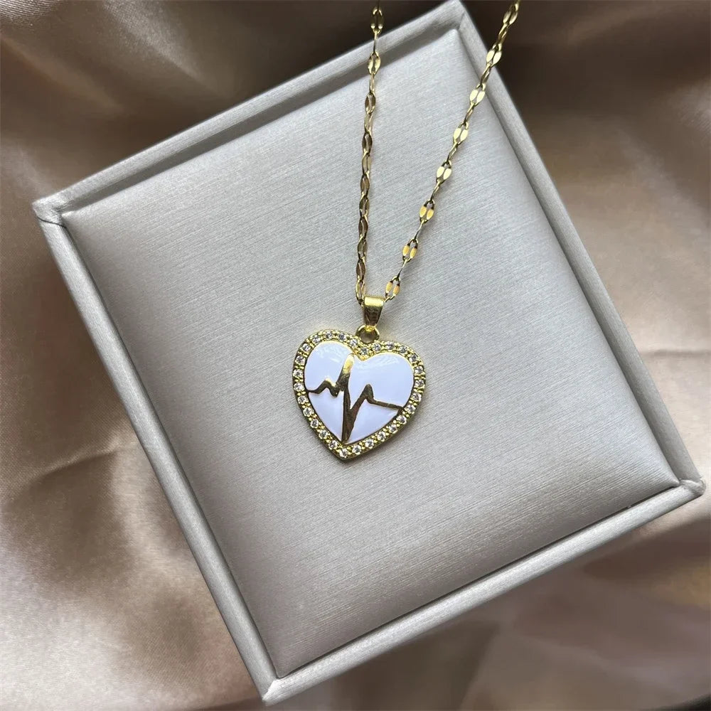 Trendy Heart Stainless Steel Zirconia Necklaces For Women Girls Love Gold Color Metal Necklace Party Birthday Daily Jewelry