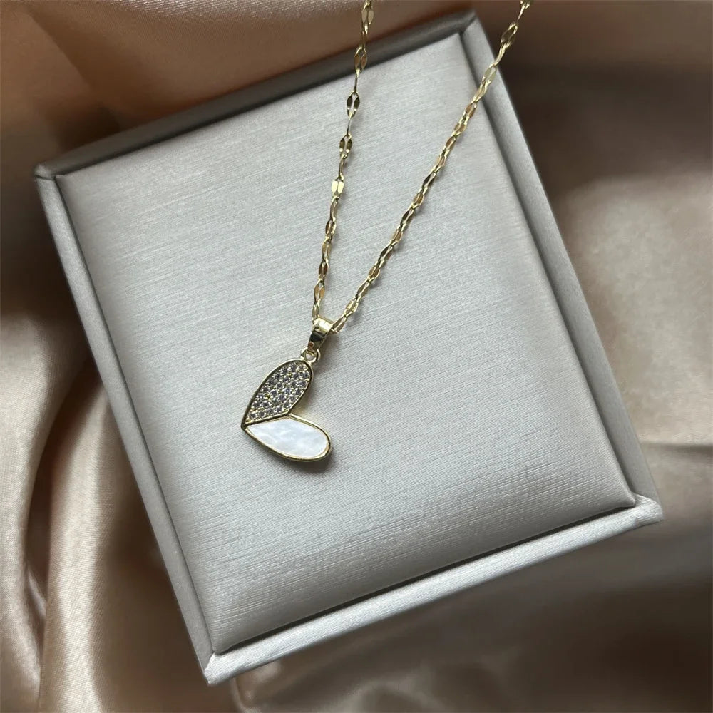 Trendy Heart Stainless Steel Zirconia Necklaces For Women Girls Love Gold Color Metal Necklace Party Birthday Daily Jewelry