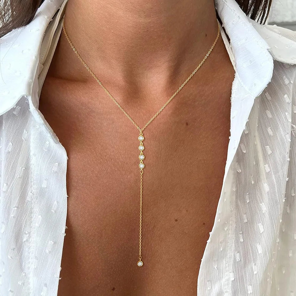 18k Gold Plated Y Lariat Necklace for Women, Laryerd Multilayer Long Chain Drop Necklace, Stainless Steel Aesthetics Jewelry