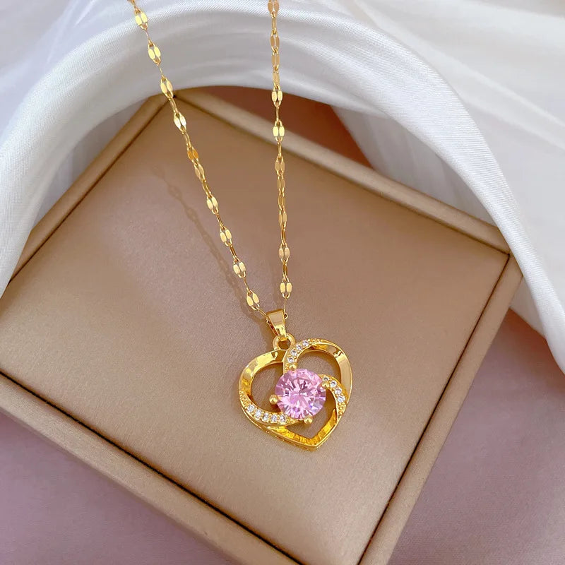 Trendy Heart Stainless Steel Zirconia Necklaces For Women Girls Love Gold Color Metal Necklace Party Birthday Daily Jewelry